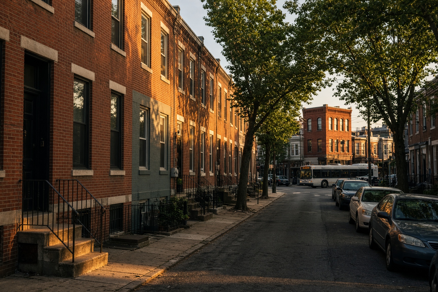 Brick rowhouses on a late-afternoon North Philadelphia street.